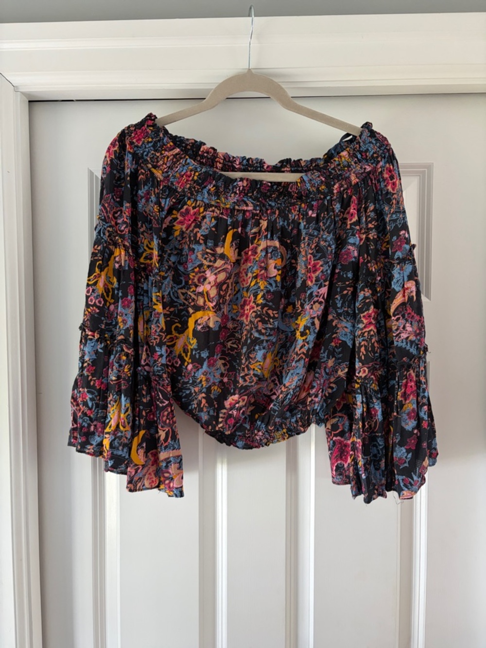 Free People Off-Shoulder Floral Blouse in Black with Multicolor Print